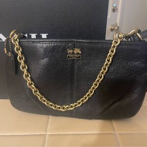 Coach Madison Large Black Leather Shoulder Bag with Gold Link Chain